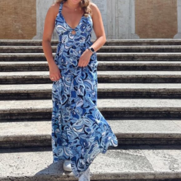 Sincerely Jules Jumpsuit Women's Medium Blue White Floral Wide Leg Abstract - Picture 2 of 11